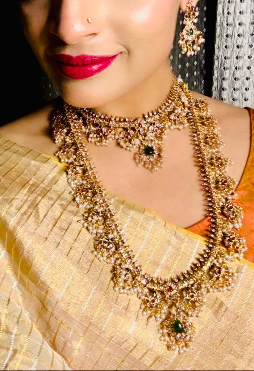 Radhika Pearl Guttapusalu double Haram Necklace set with Drop Earrings