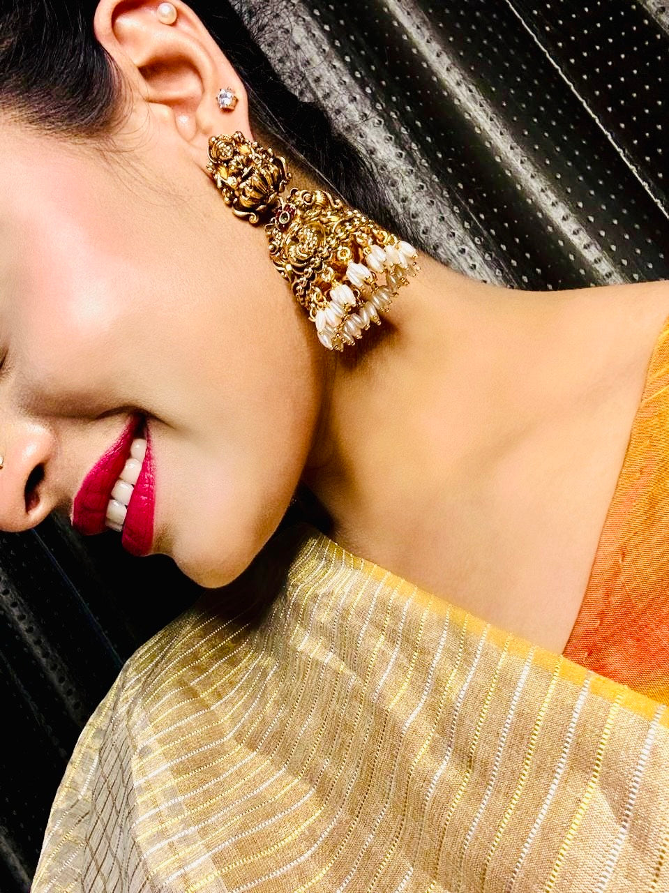 Kamala intricately crafted Jhumkis with Rice Pearl dangles