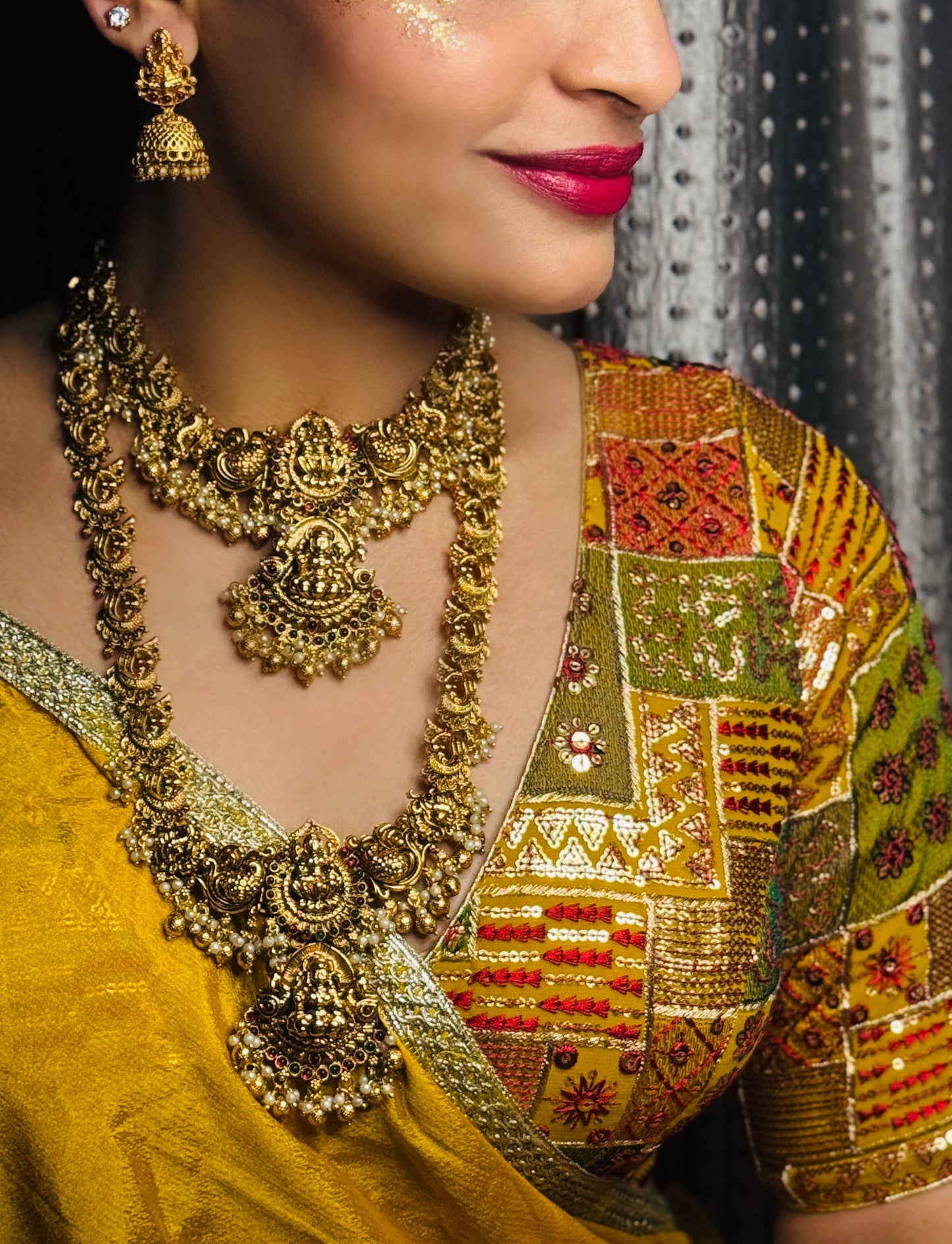 Lotus Mahalaxmi double Necklace set with Mahalaxmi Jhumkis