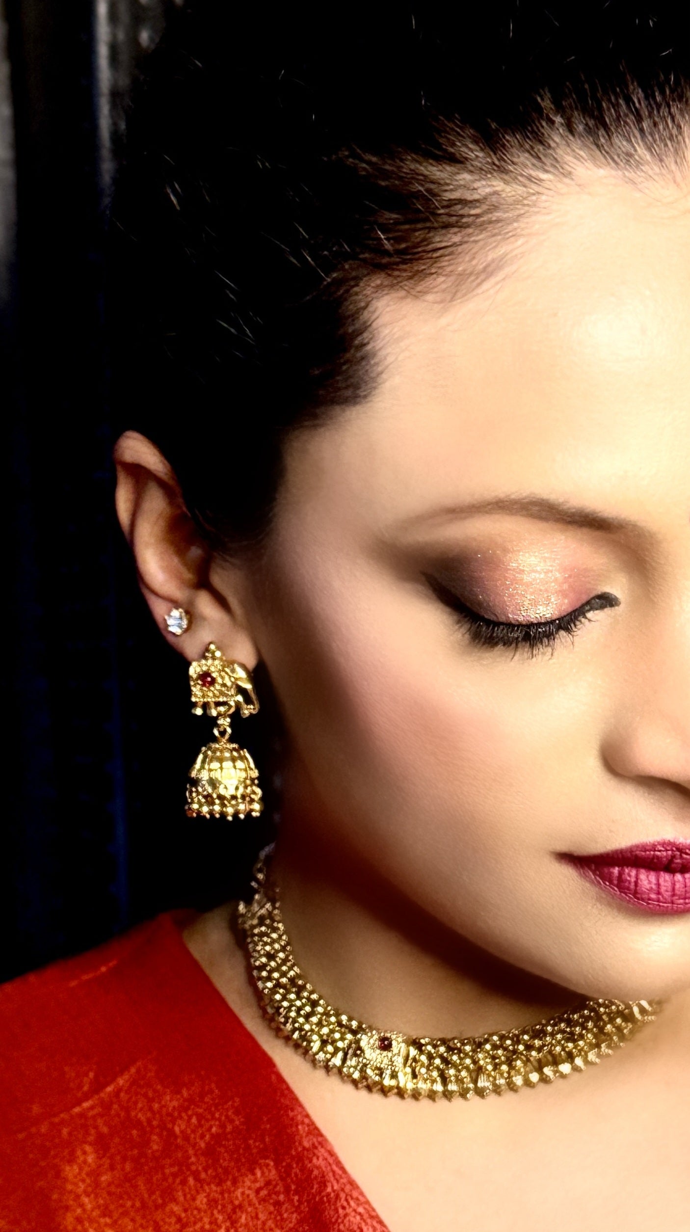 Gold Gajagamini Guttapusalu Necklace set with Jhumkis