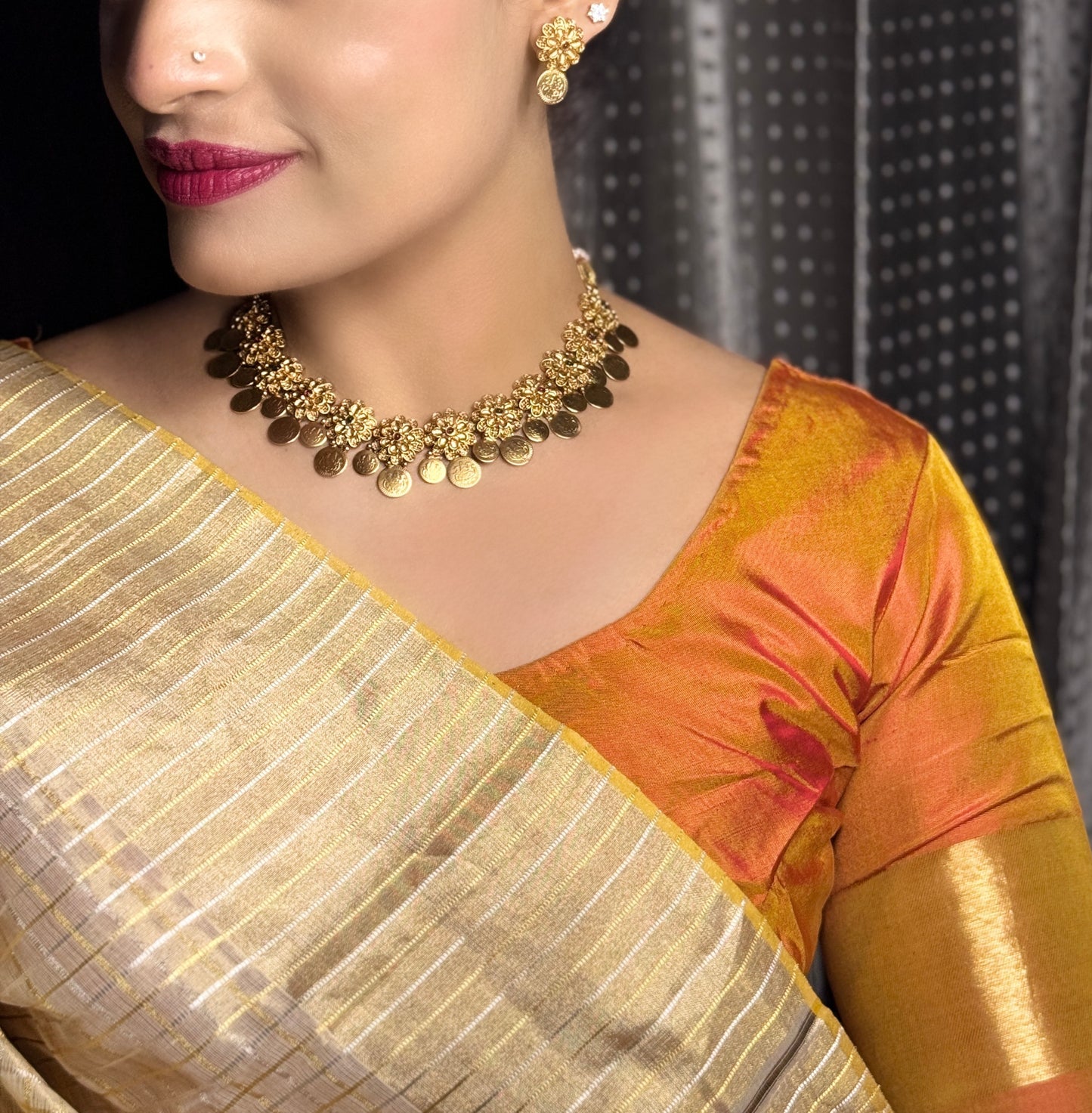Swarnasya Floral Mesh Coin Necklace set with Laxmi motif