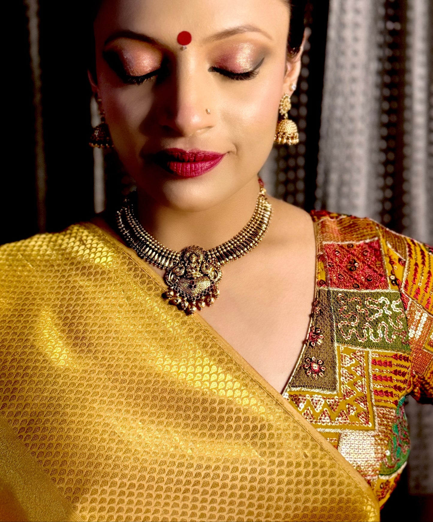 Traditional Mullamottu-inspired Laxmi Necklace set with Gold Jhumkis