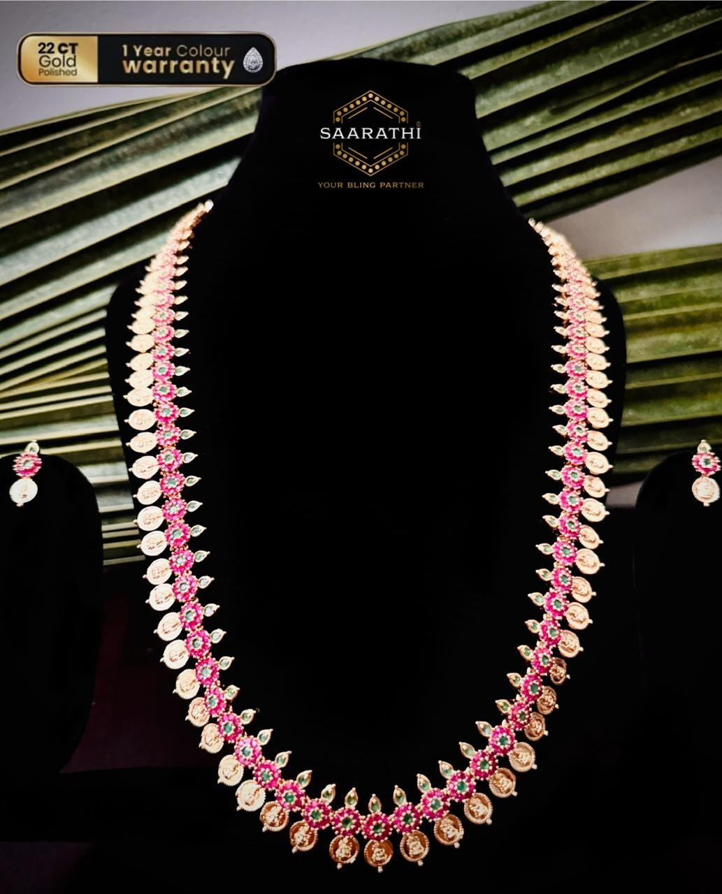 Exquisite Samruddhi 22CT Gold-Plated Kaashumala/Coin Necklace Set with Lakshmi motifs and Red Stone flowers