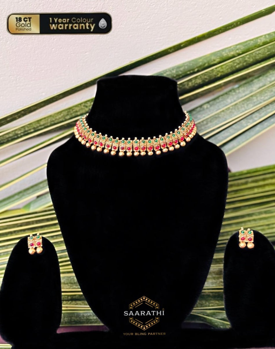 Manushri 18CT Gold-Plated Necklace Set with Swarna Muthu details and Kemp Stone Accents