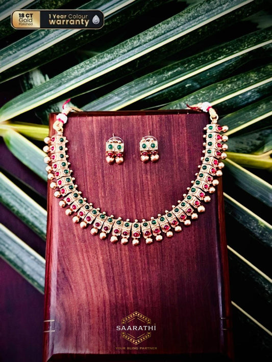 Manushri 18CT Gold-Plated Necklace Set with Swarna Muthu details and Kemp Stone Accents
