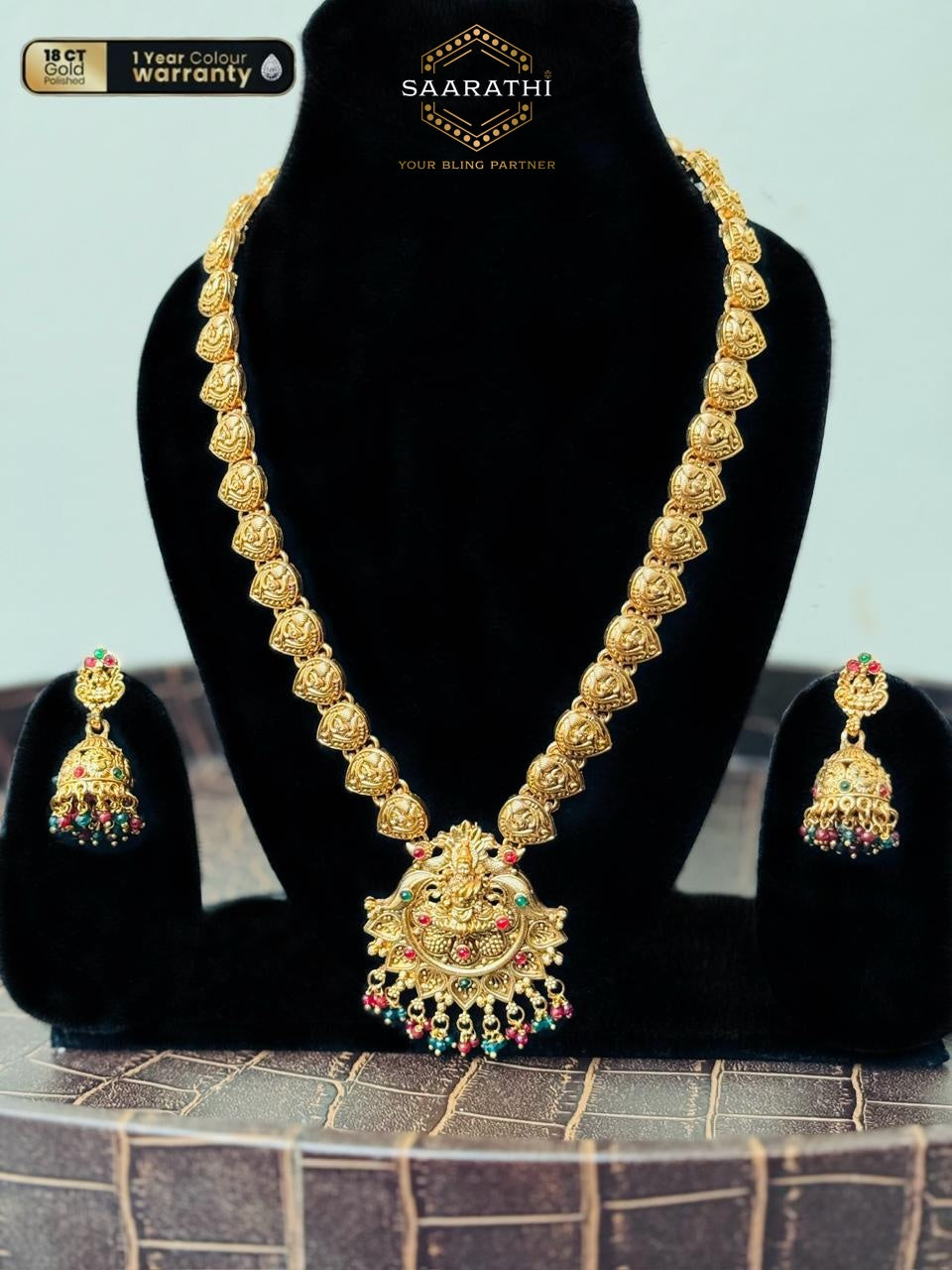 Ambi 18CT Gold-Polished Long Haram Necklace Set with Goddess Lakshmi Motif