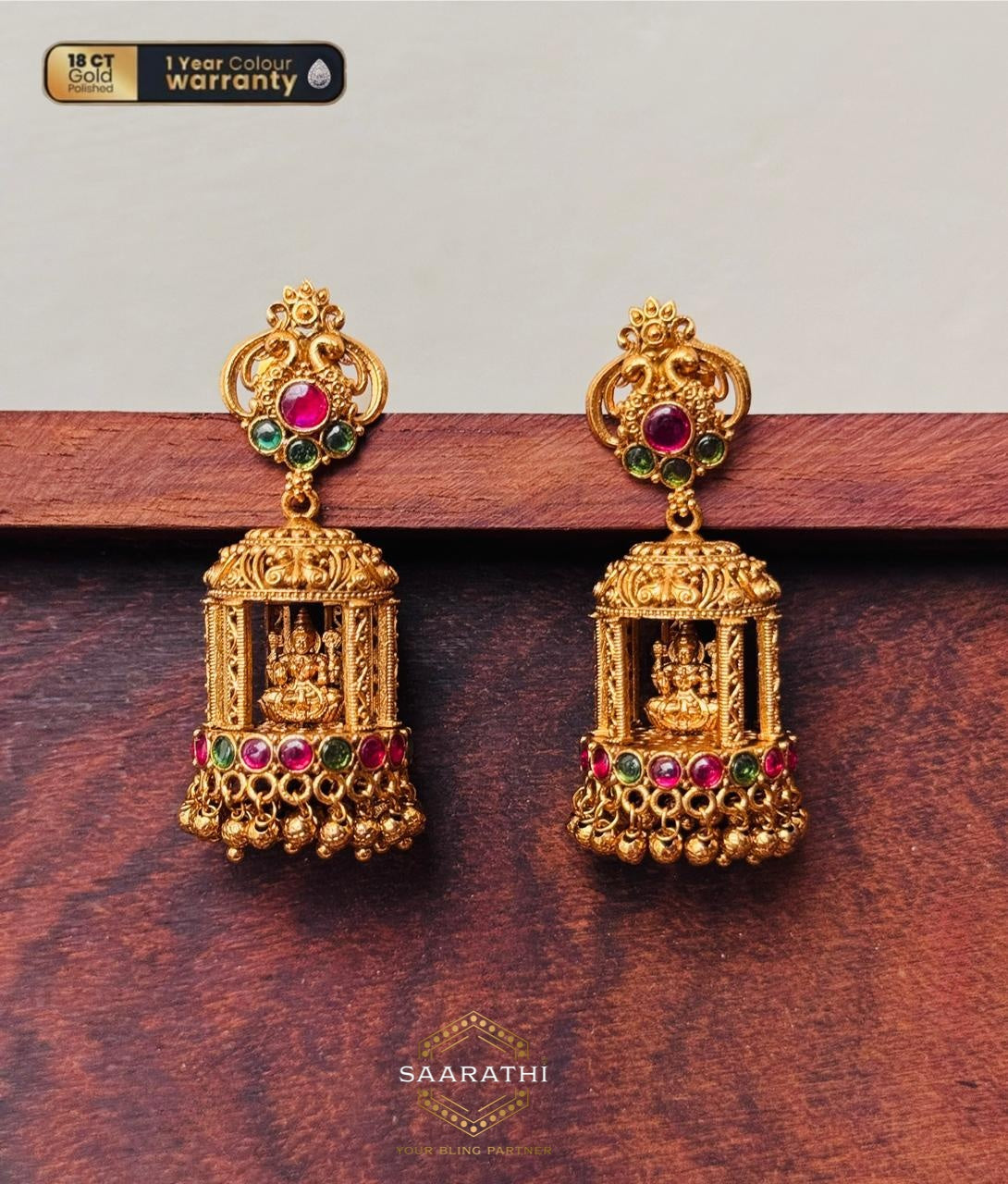 The Unique 18CT Gold-Polished Shreekovil Jimikkis/Jhumkas with Goddesss Lakshmi seated at the centre