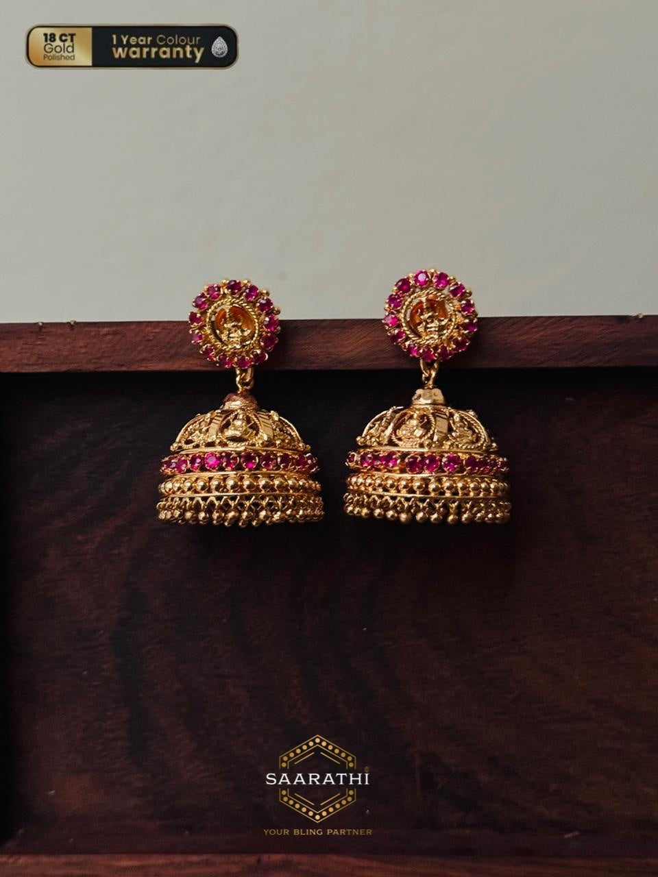 Yukta 18CT Gold-Polished Lakshmi Jimikkis/Jhumkas with Pink Stone Detailing