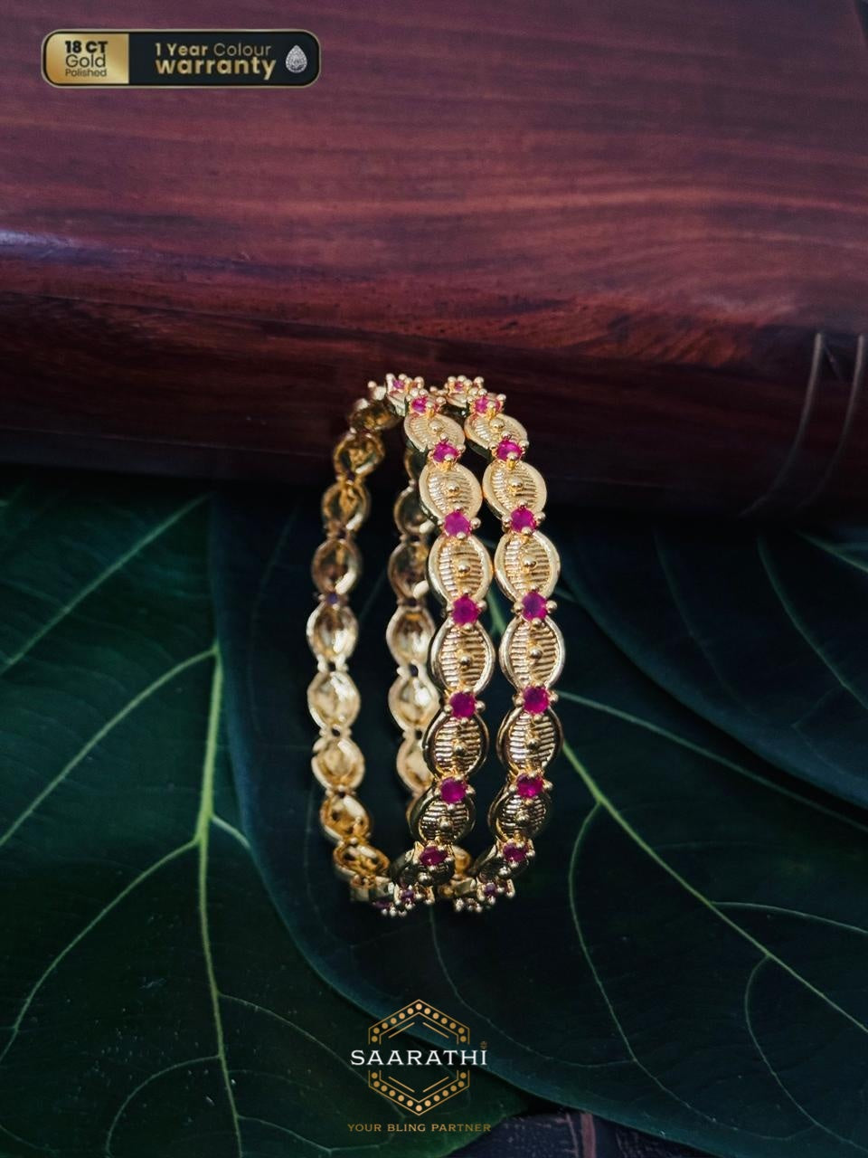 18CT Gold-Polished Palasha Bangle Set with Pink Stone Detailing