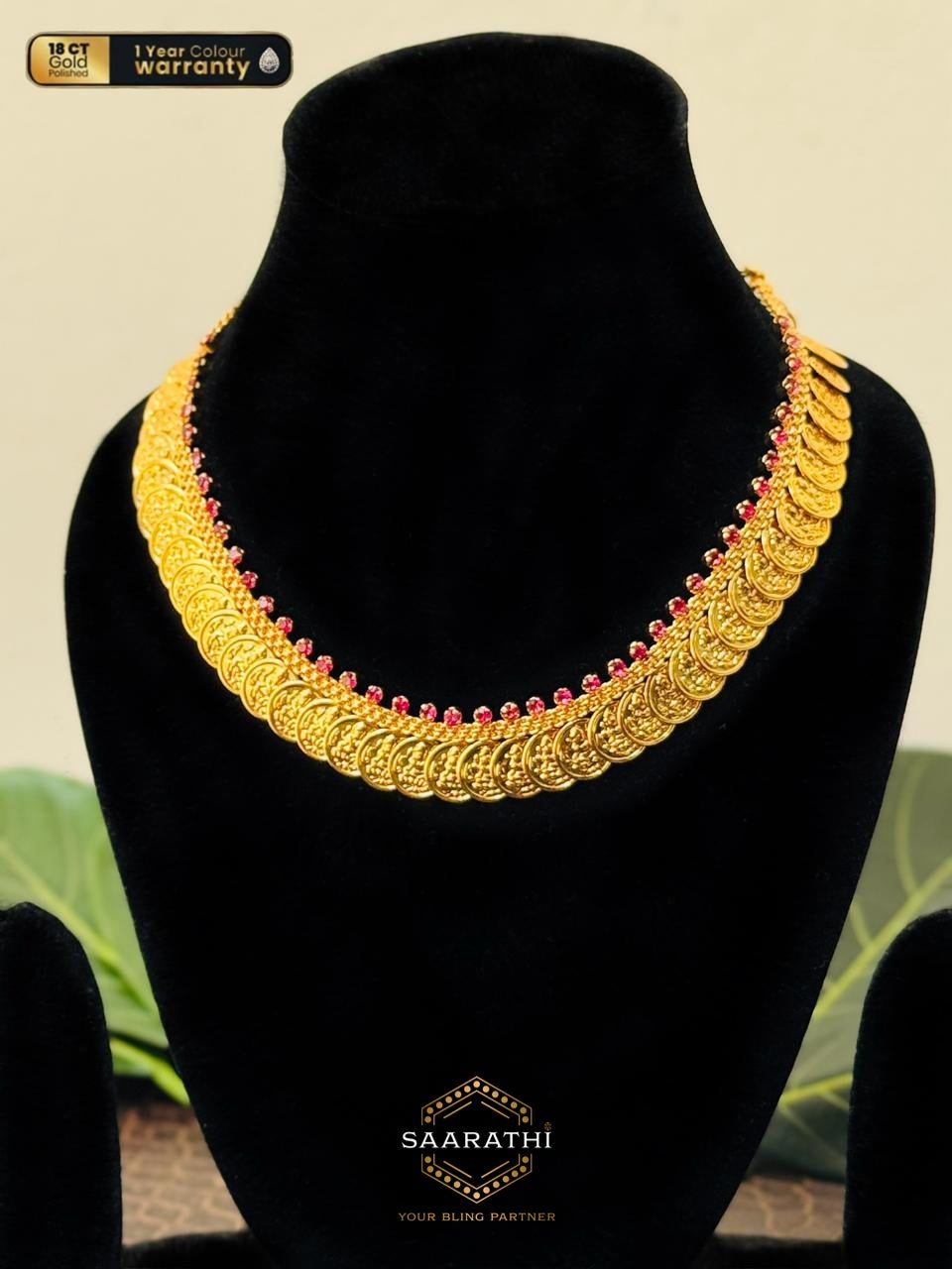 18 CT Gold-Polished Kaashu Maala/ Coin Necklace with Lakshmi motifs and Red Stone Detailing
