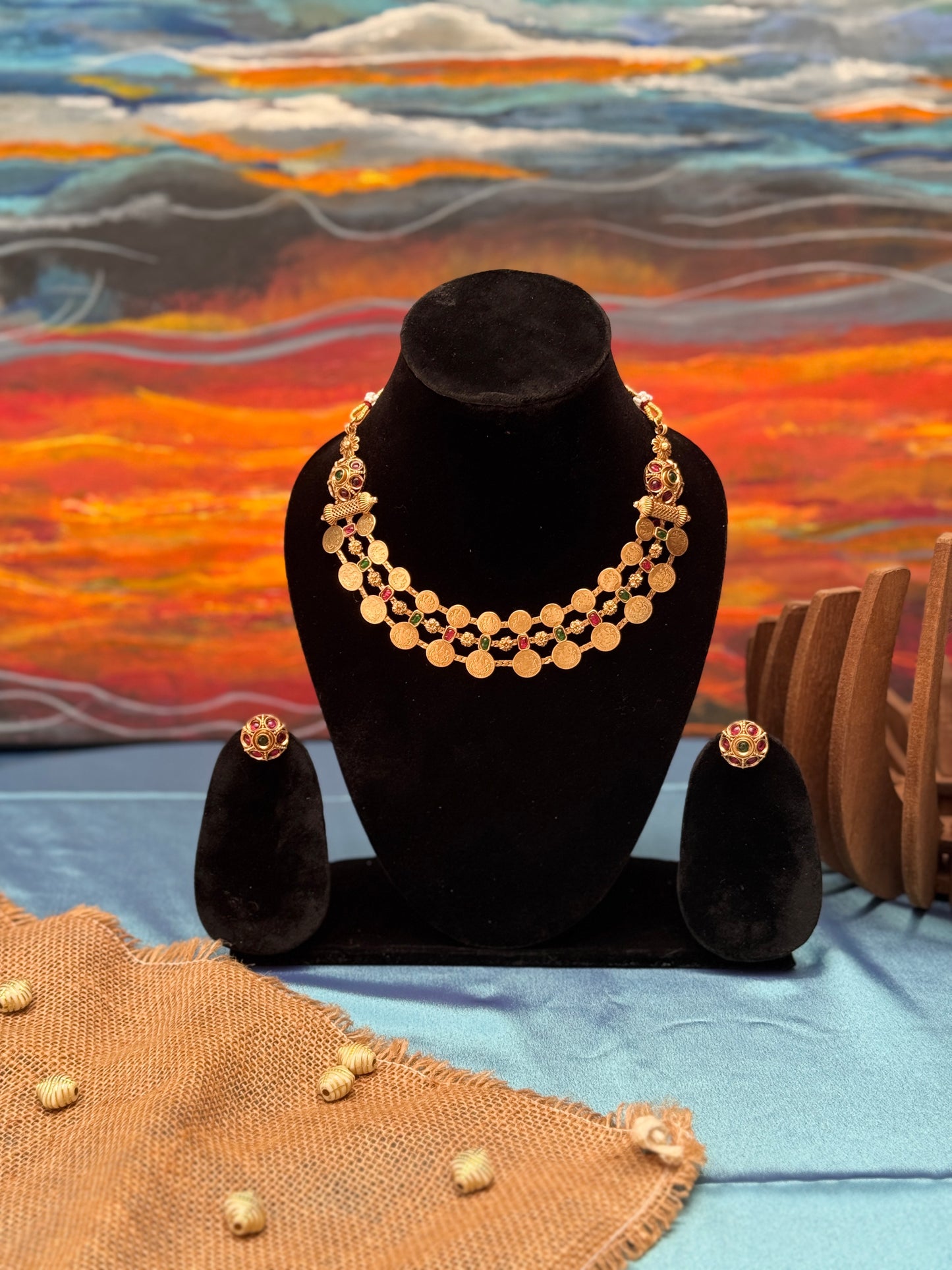 Lakshmi Motif Coin Necklace with intricate round Studs