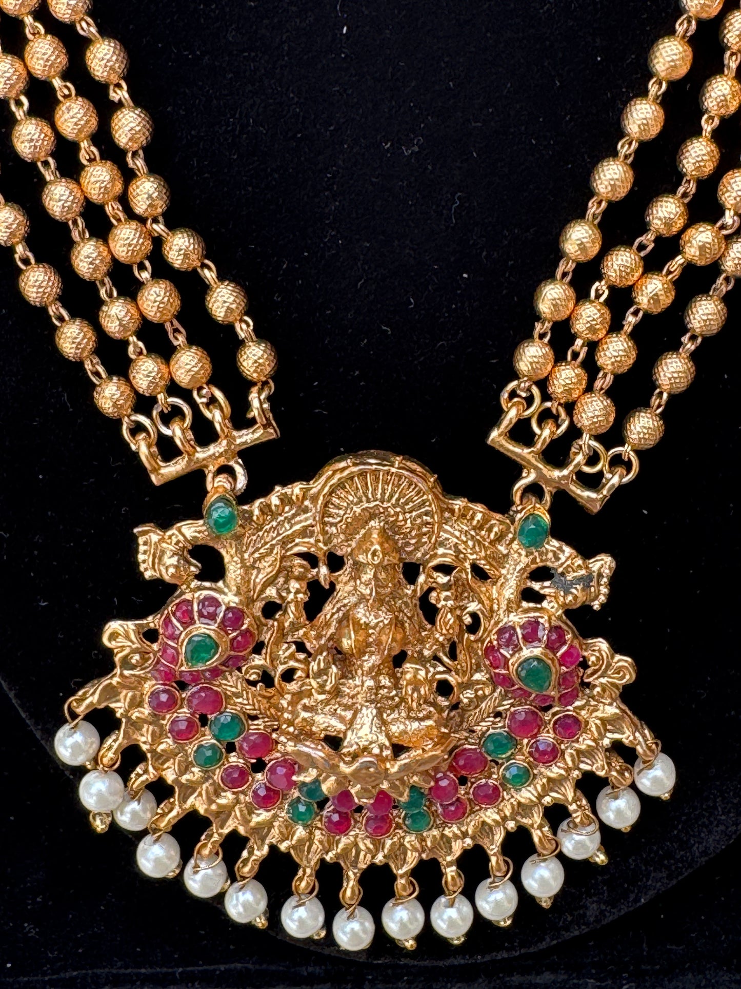 Janaki Long Haram Necklace with Mayura motif Jhumkis