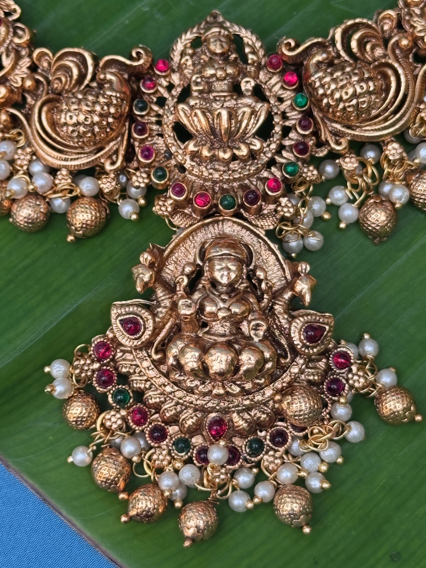 Lotus Mahalaxmi double Necklace set with Mahalaxmi Jhumkis
