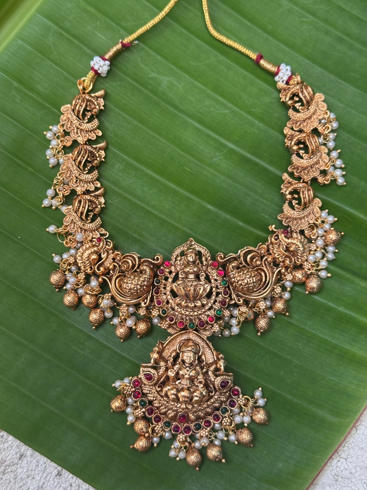 Lotus Mahalaxmi double Necklace set with Mahalaxmi Jhumkis