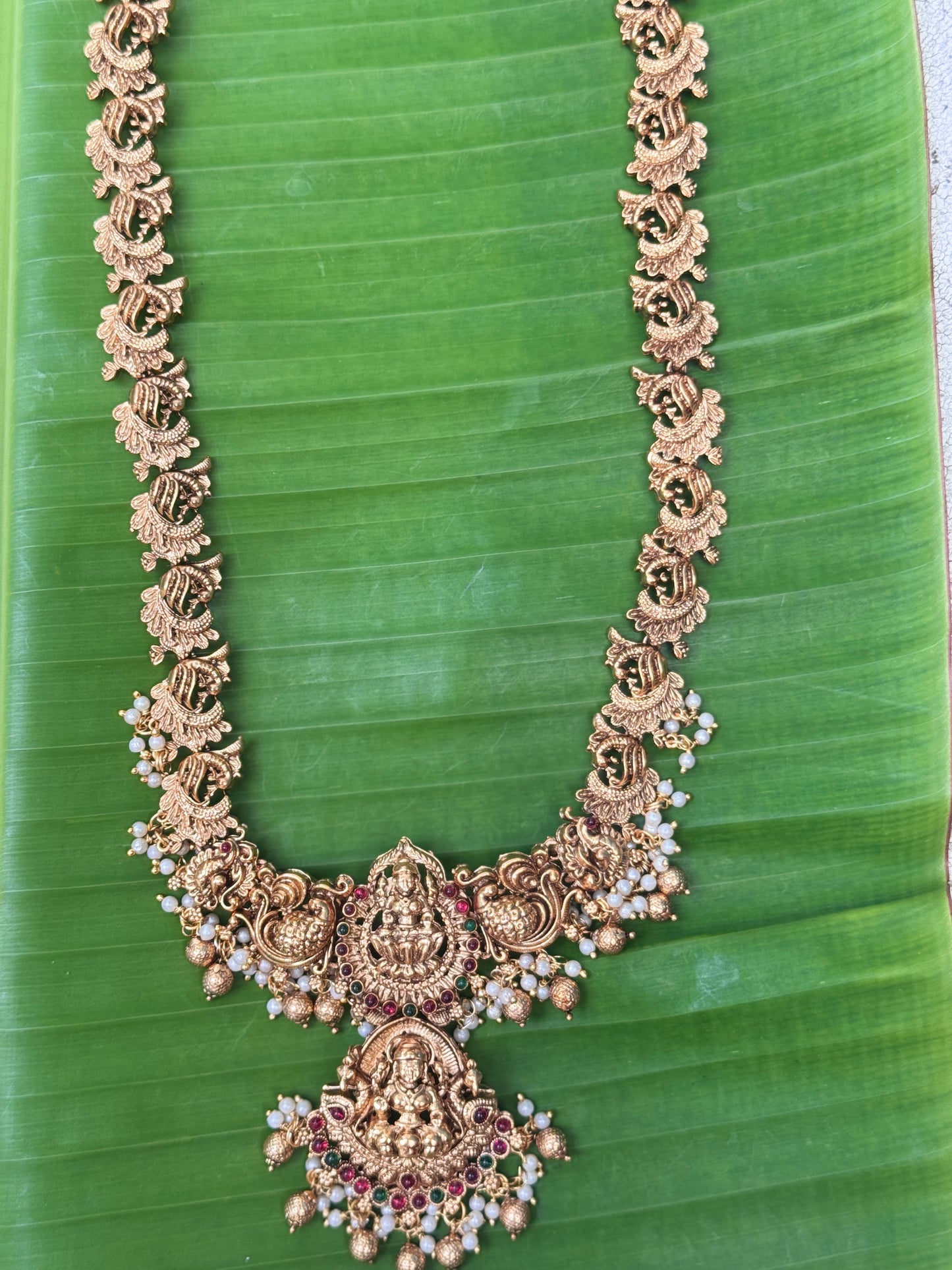 Lotus Mahalaxmi double Necklace set with Mahalaxmi Jhumkis