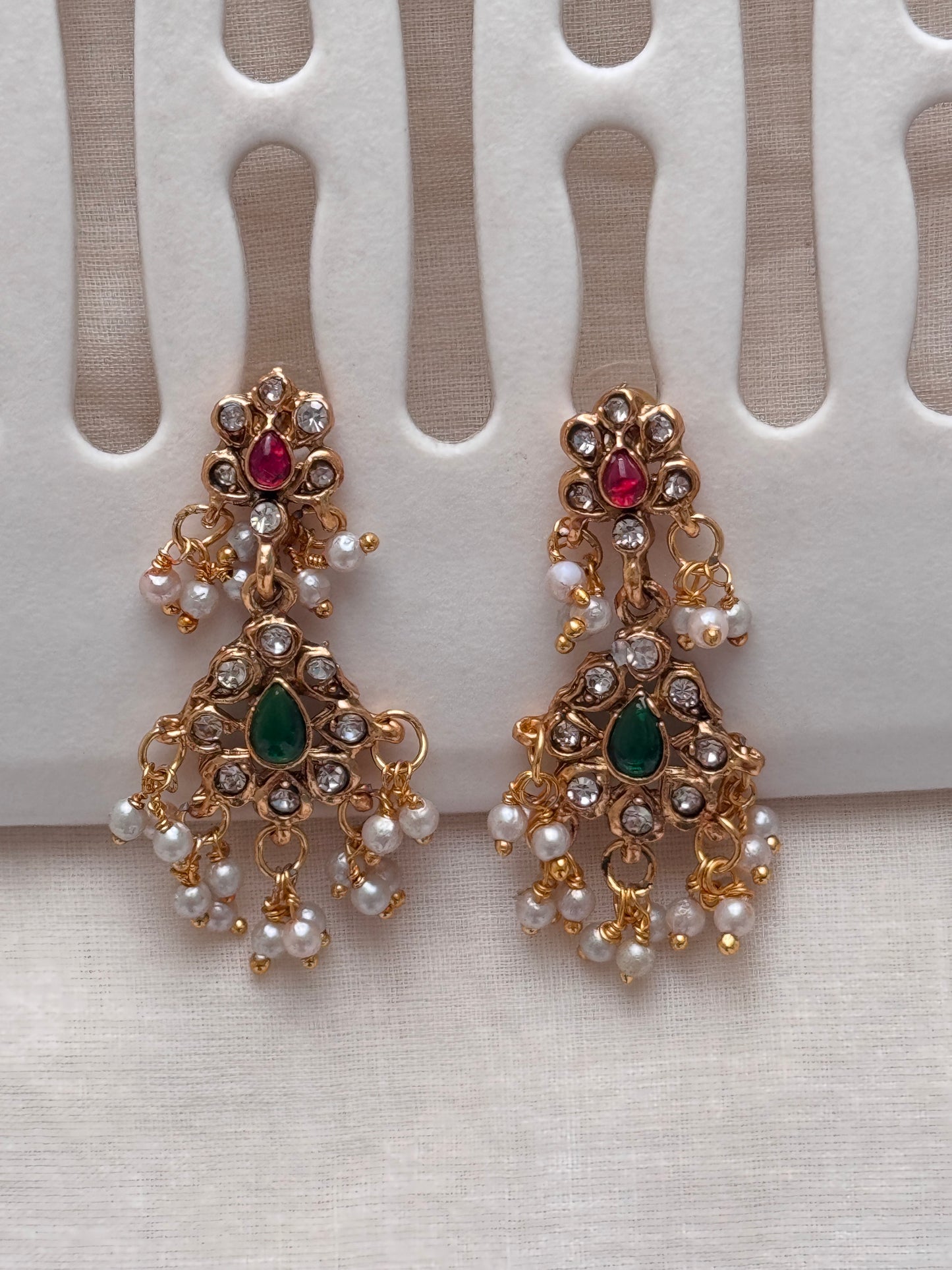 Radhika Pearl Guttapusalu double Haram Necklace set with Drop Earrings