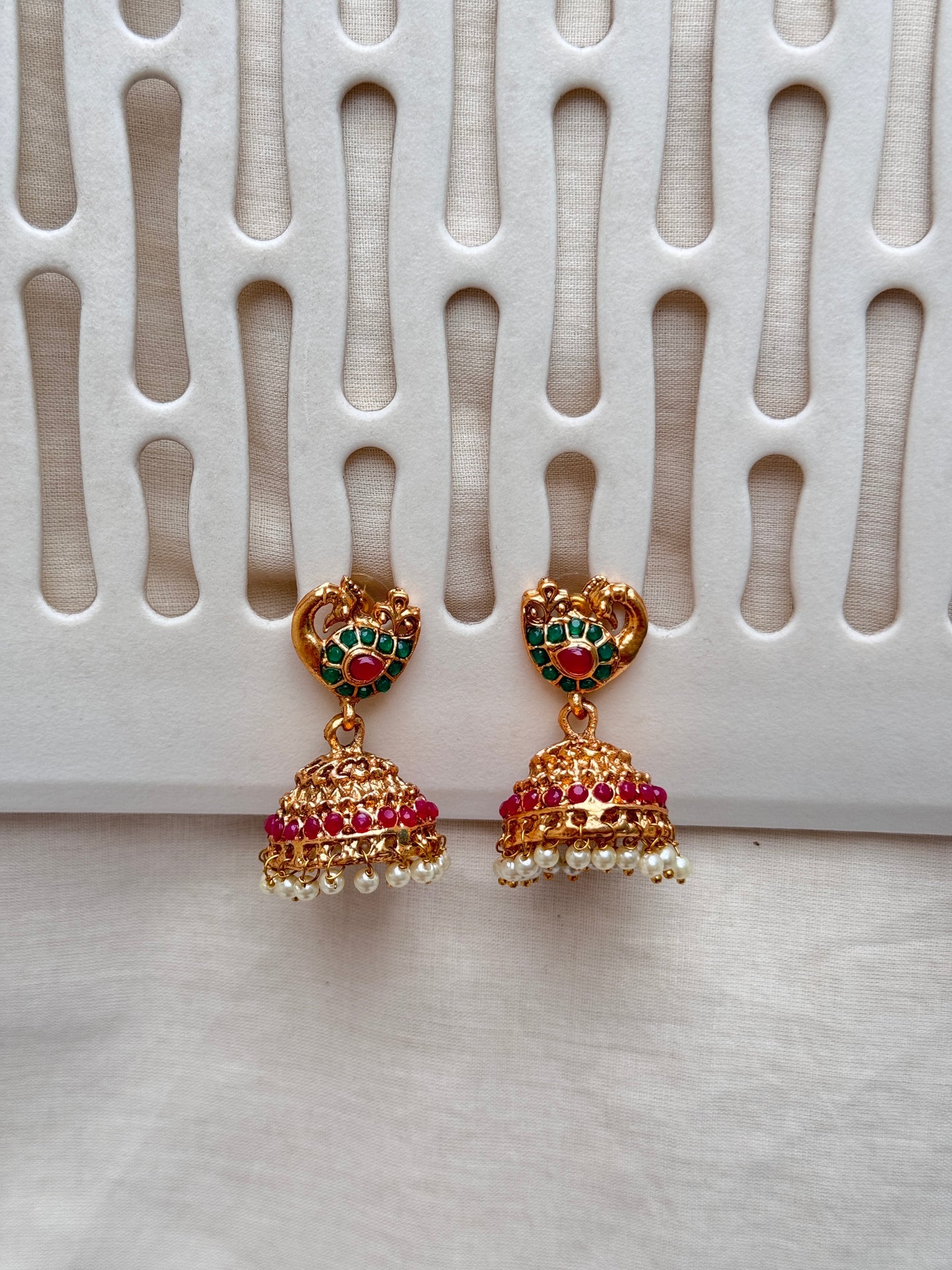Janaki Long Haram Necklace with Mayura motif Jhumkis