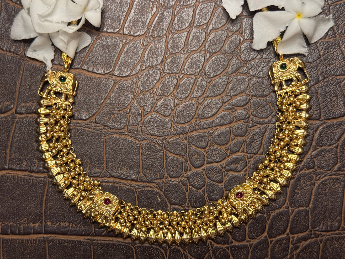 Gold Gajagamini Guttapusalu Necklace set with Jhumkis