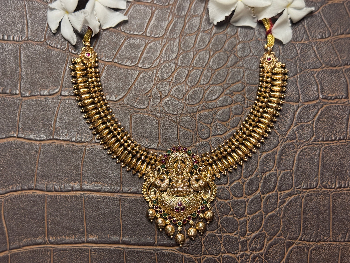Traditional Mullamottu-inspired Laxmi Necklace set with Gold Jhumkis