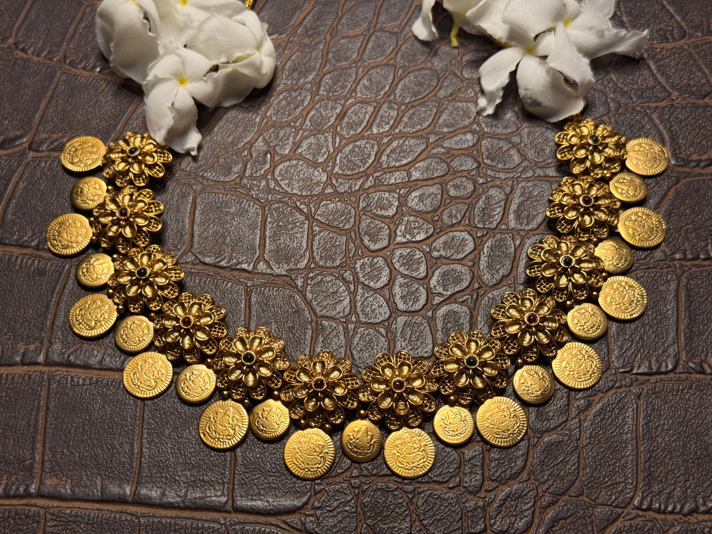 Swarnasya Floral Mesh Coin Necklace set with Laxmi motif