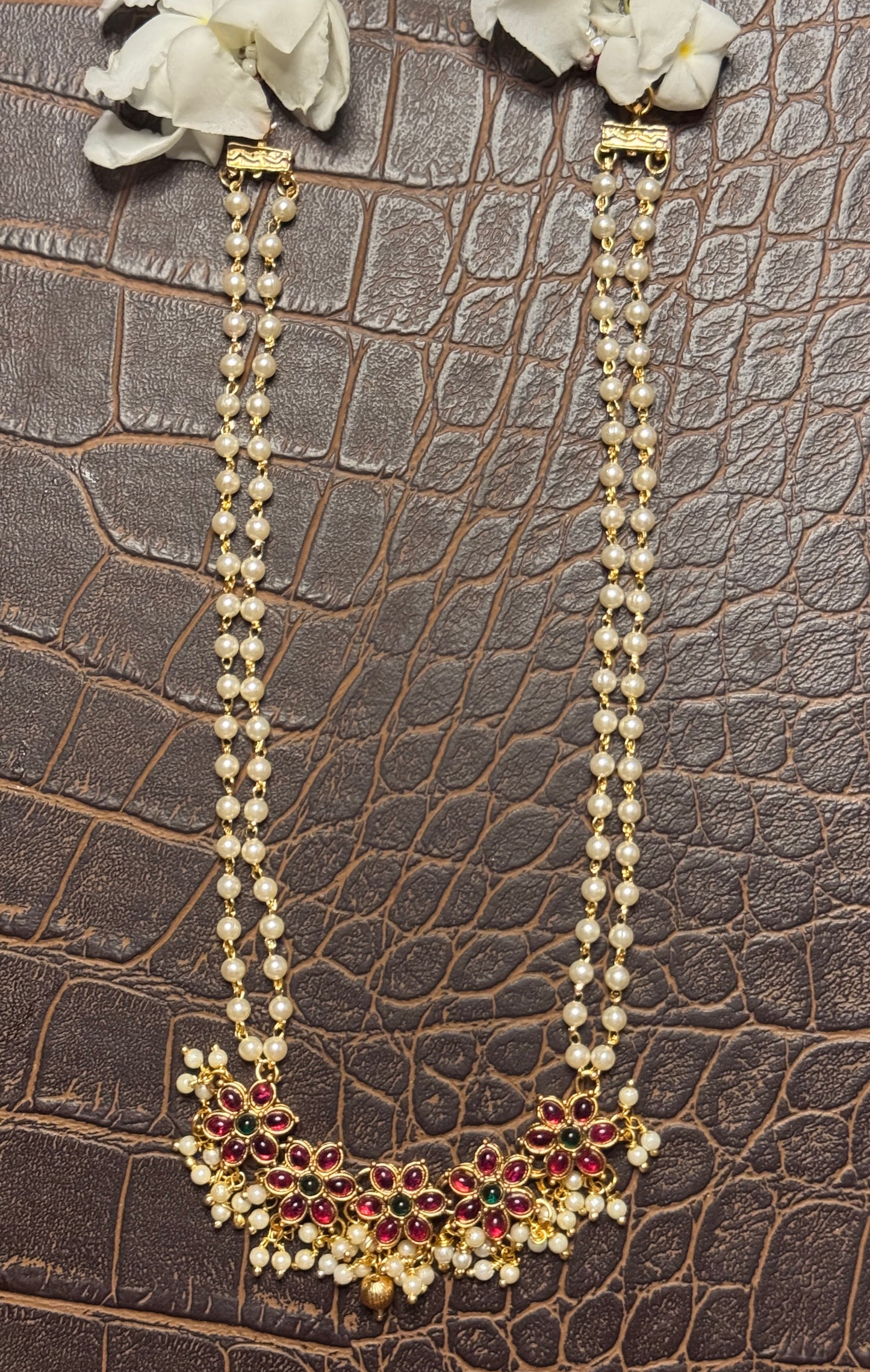 Neeraja Waterlily Necklace set with delicate Pearl chain and Drop Earrings