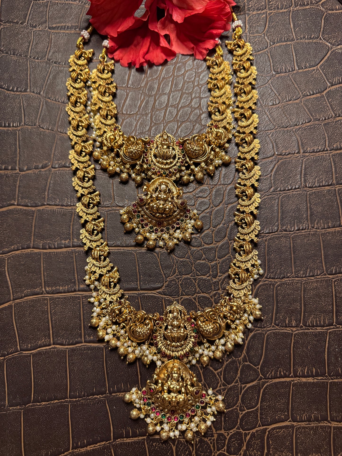 Lotus Mahalaxmi double Necklace set with Mahalaxmi Jhumkis