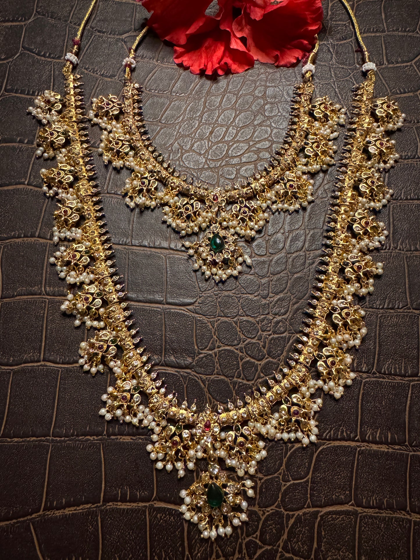 Radhika Pearl Guttapusalu double Haram Necklace set with Drop Earrings