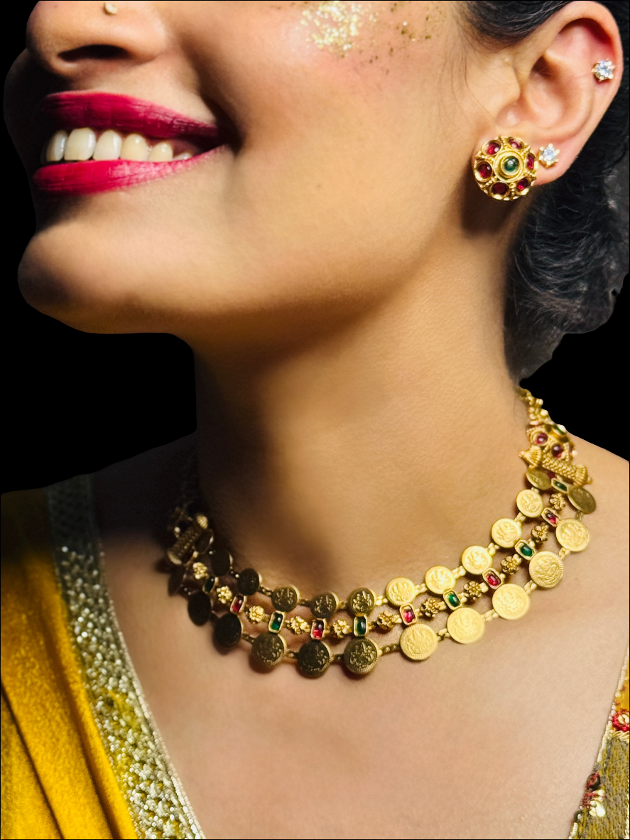 Lakshmi Motif Coin Necklace with intricate round Studs