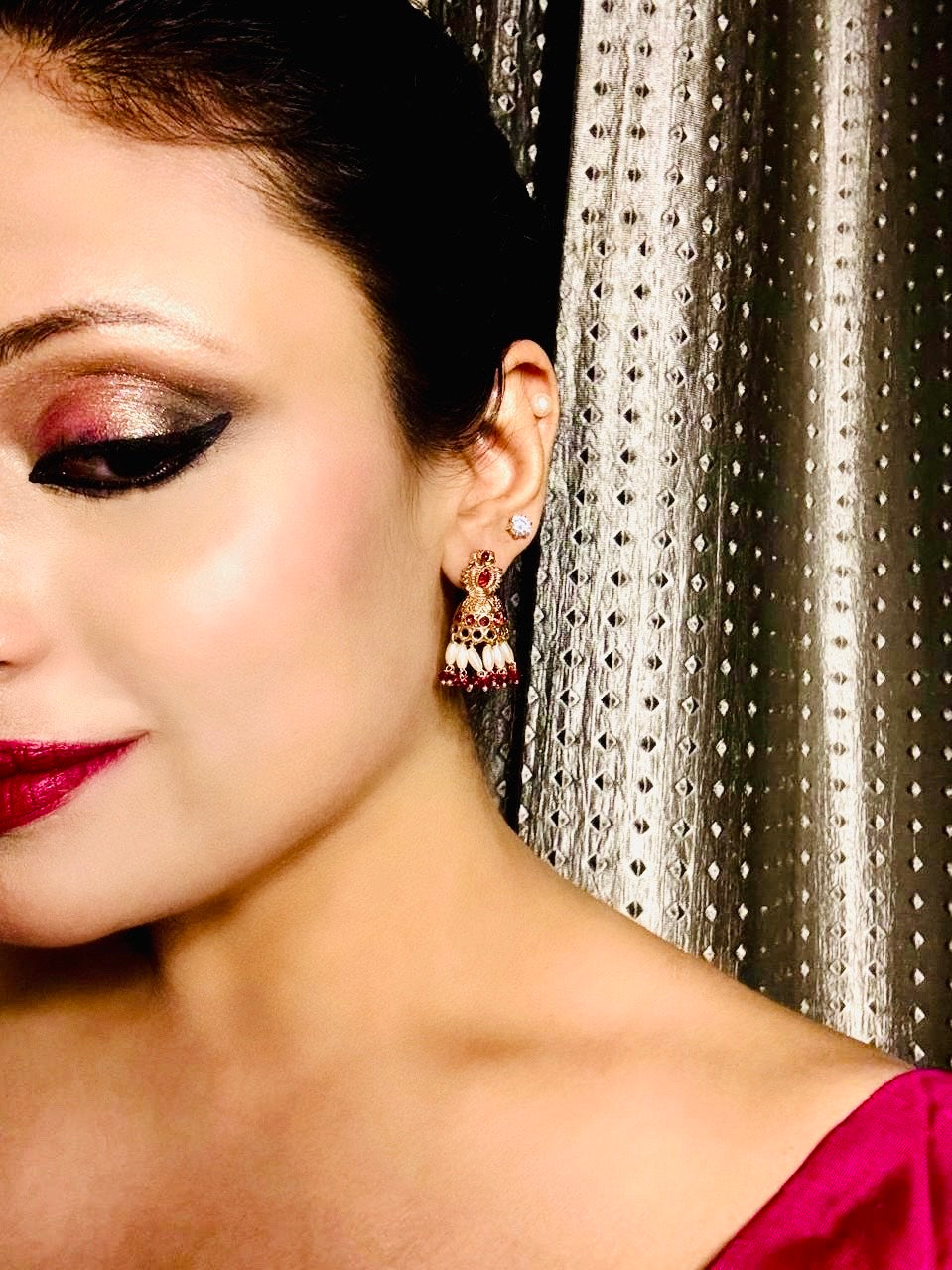Red jhumkis with Rice Pearl dangles