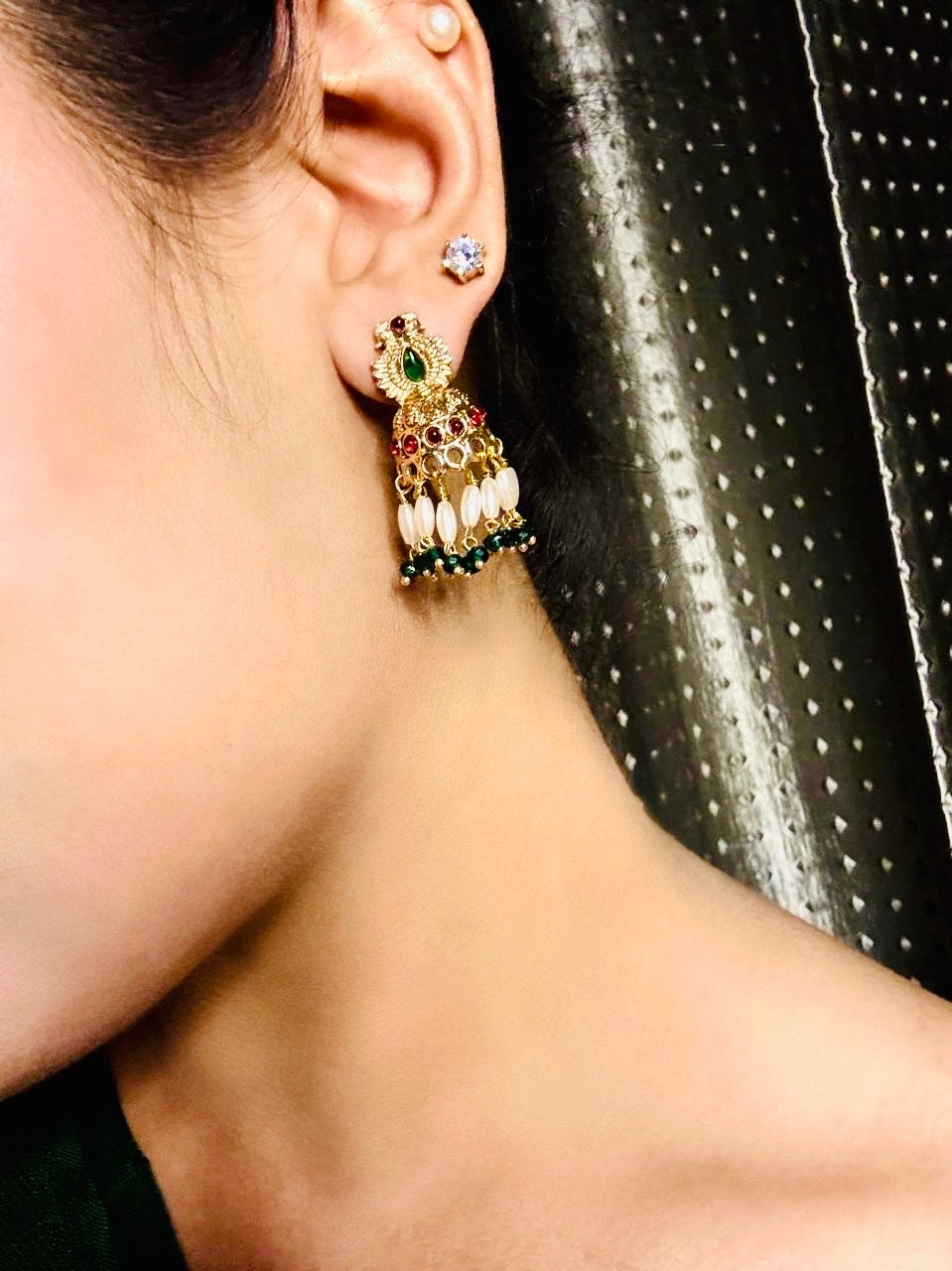 Green Jhumkis with Rice Pearl dangles