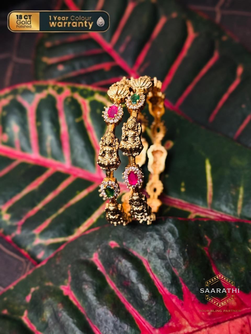 18CT Gold-Polished Maa Lakshmi Bangles with Pink and Green Stone detailing