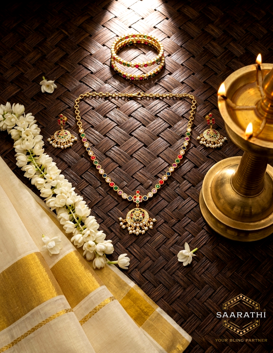 Vibrant Gold-Toned Navratna Necklace Set with Navratna and Navratna Bangles
