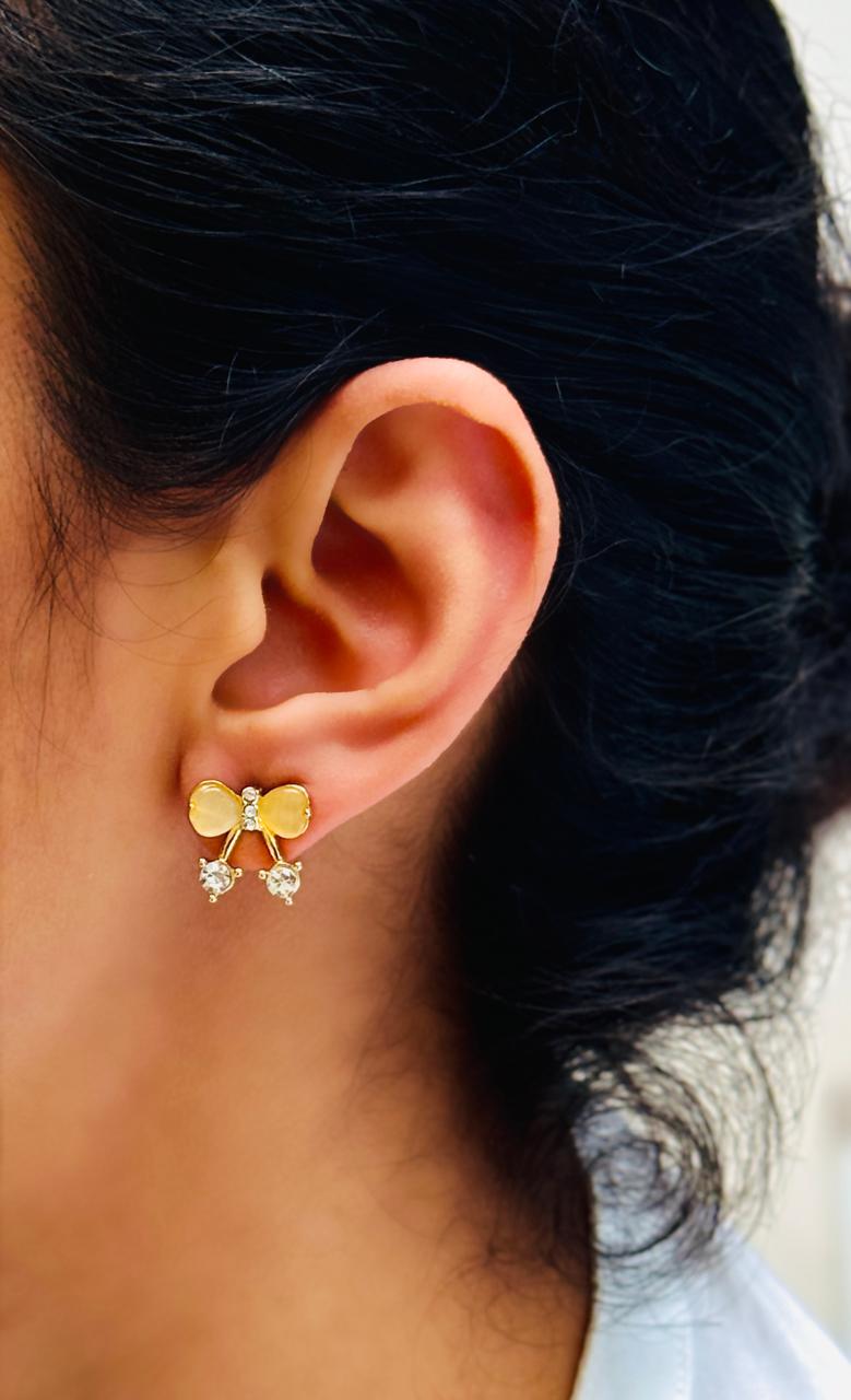 Gold-Toned Anti-Tarnish Bow Stud Earrings with White CZ Stones