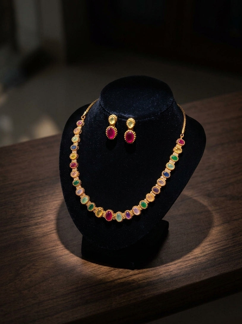 Multicoloured CZ-Studded Statement Necklace Set
