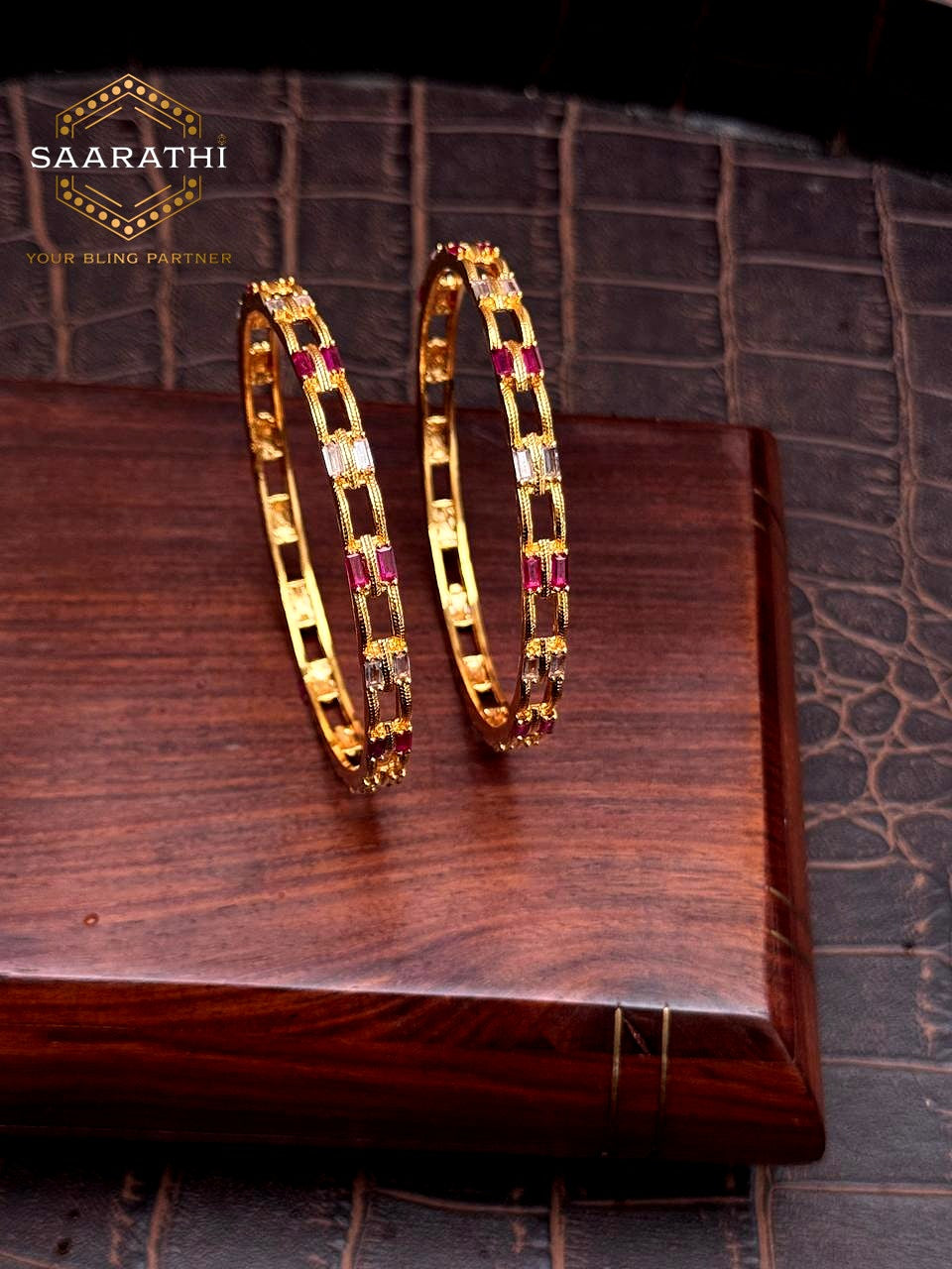 18CT Gold-Polished Bangles with Baguette-Cut Ruby Red and White CZ Stones