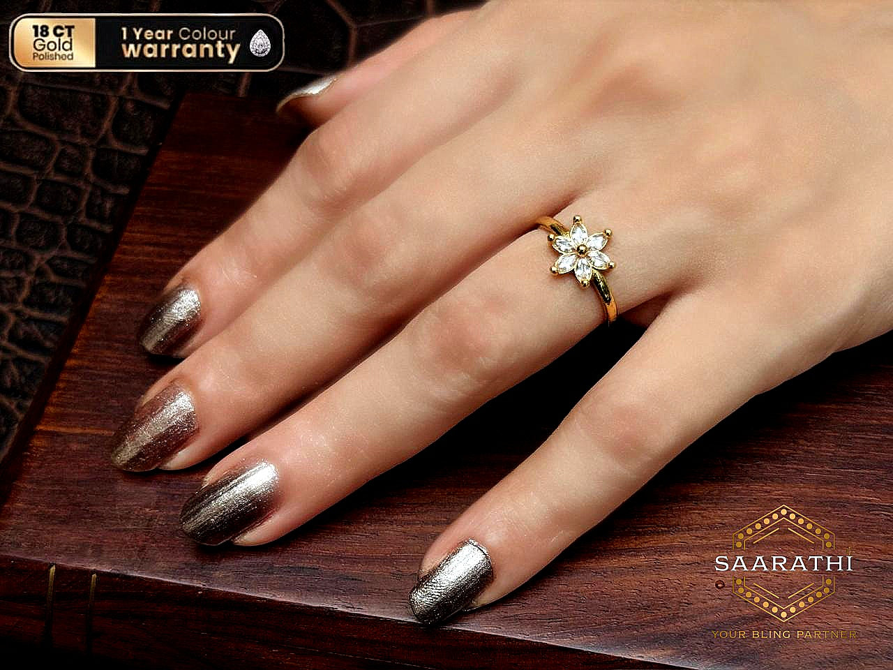 18CT Gold-Polished Floral Motif Minimalist Ring