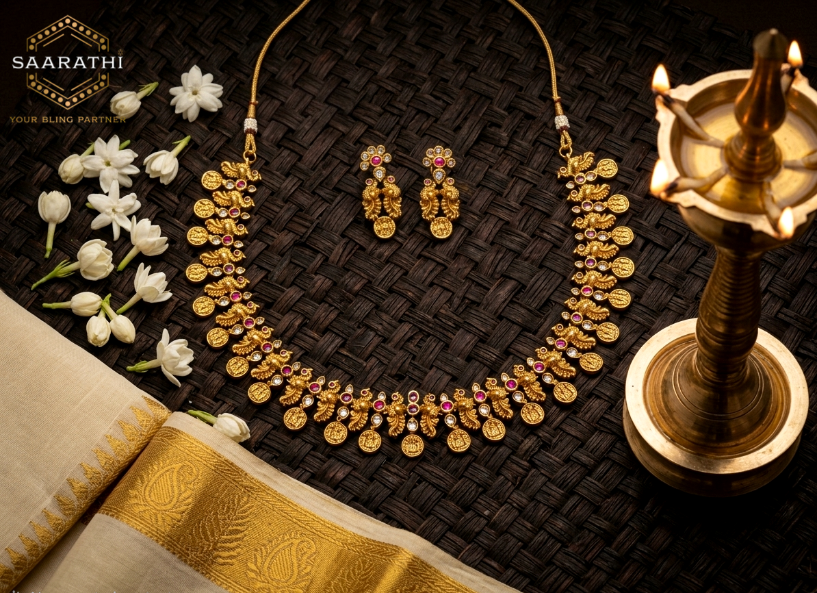 Traditional Gold-Toned Lakshmi Kasumala/Coin Necklace Set with Peacock motifs