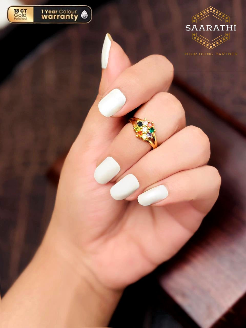18CT Gold-Polished Traditional Navratna-Inspired Stone Cluster Ring
