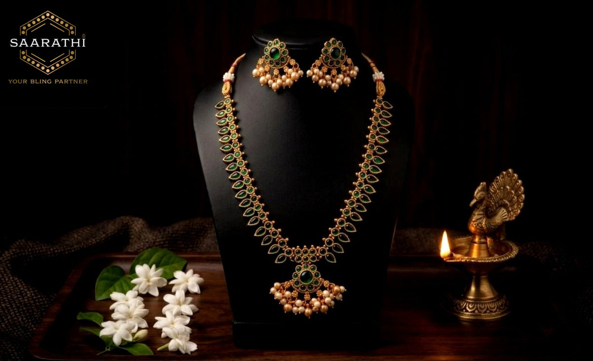 Traditional South Indian Gold-Toned Green Pearl Necklace Set