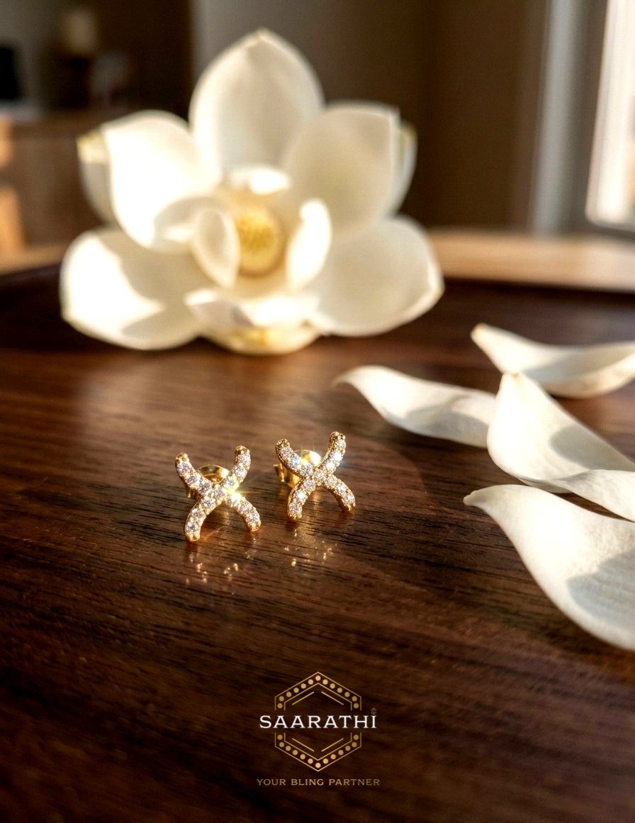 18CT Gold-Polished Minimalist CZ Stud Earrings with a Crisscross Design