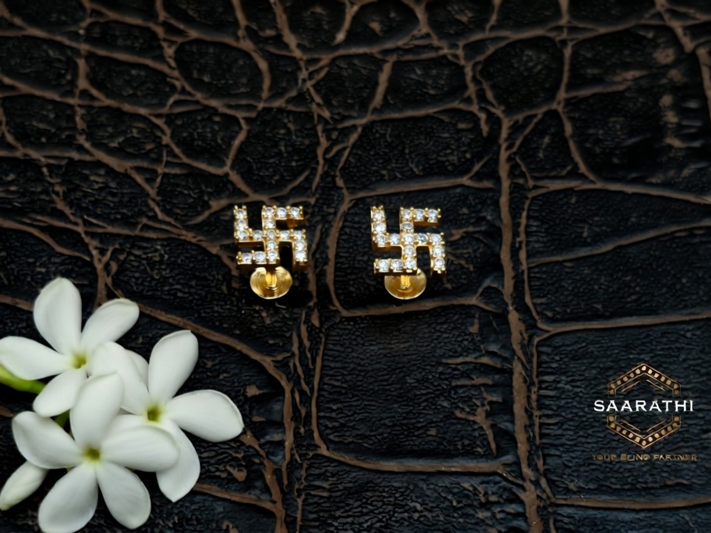 Gold-Toned CZ Swastika Studs