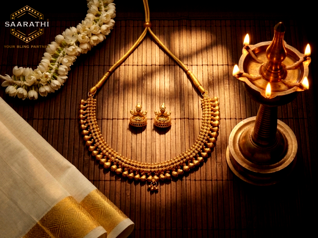 Antique Gold-Toned Shankha/Conch Shell Necklace with Jhumka Studs