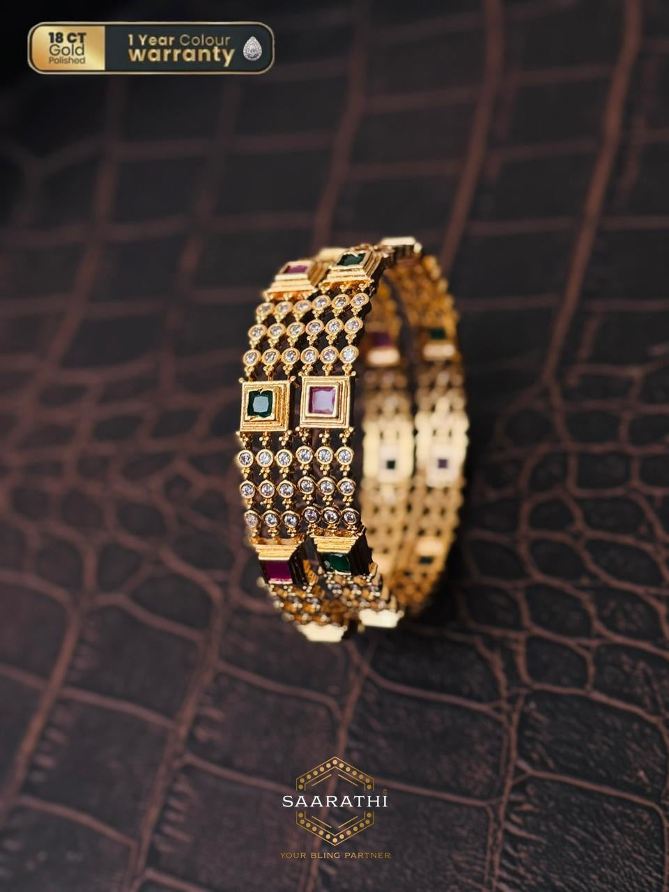 Exquisite 18CT Gold-Polished White, Pink and Green Stone Bangles