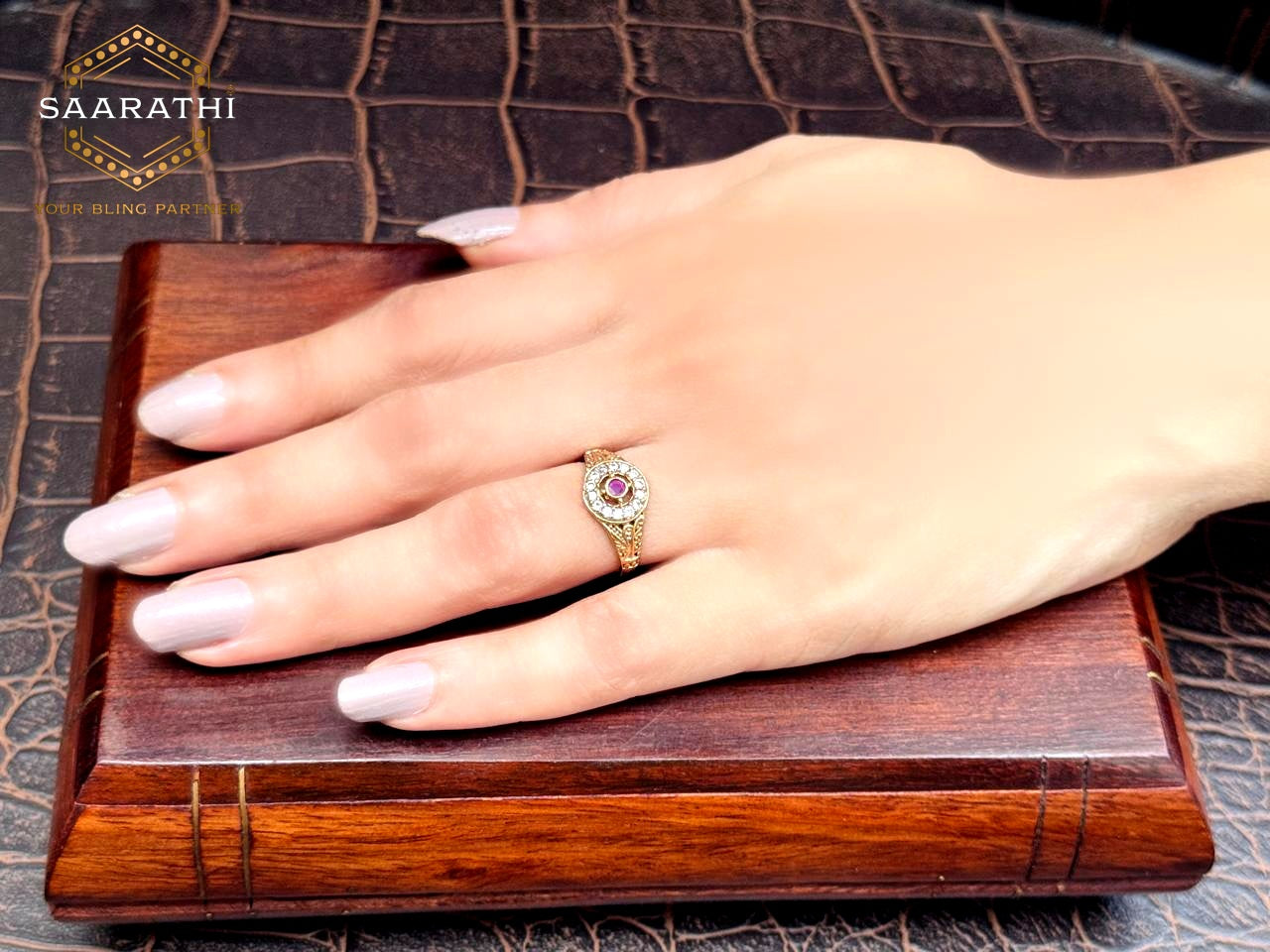 Panchaloham(5 Metal) Red and White CZ-Studded Halo Ring