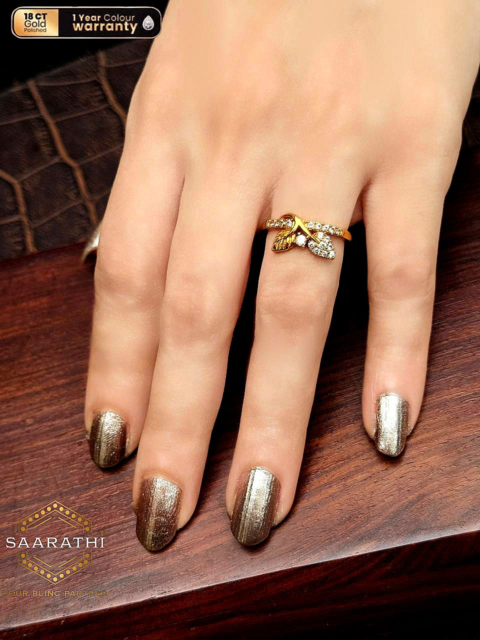 18CT Gold-Polished White Stone-Studded Grapevine Statement Ring
