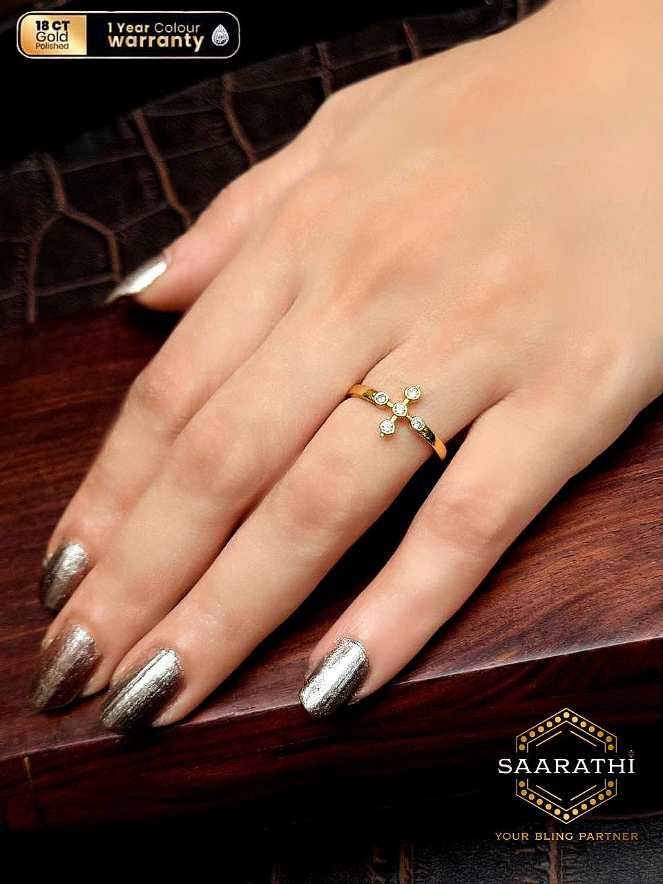 18CT Gold-Polished Cross Motif White Stone Minimalist Ring