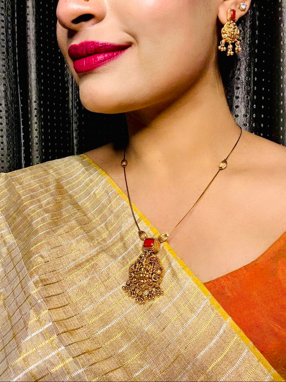 Devika Coral Pendant Necklace with Coral Drop Earrings