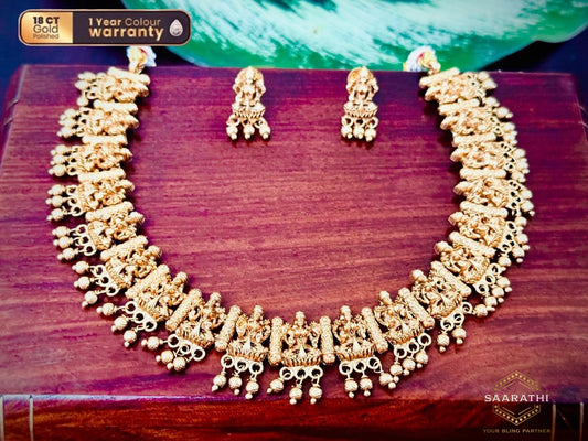Finely-crafted 18 CT Gold-Plated Vasundhara Lakshmi Necklace Set with intricate detailing