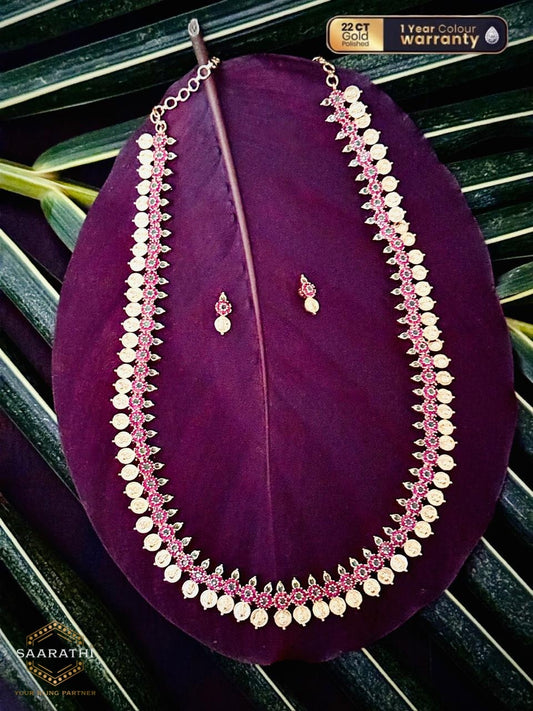 Exquisite Samruddhi 22CT Gold-Plated Kaashumala/Coin Necklace Set with Lakshmi motifs and Red Stone flowers