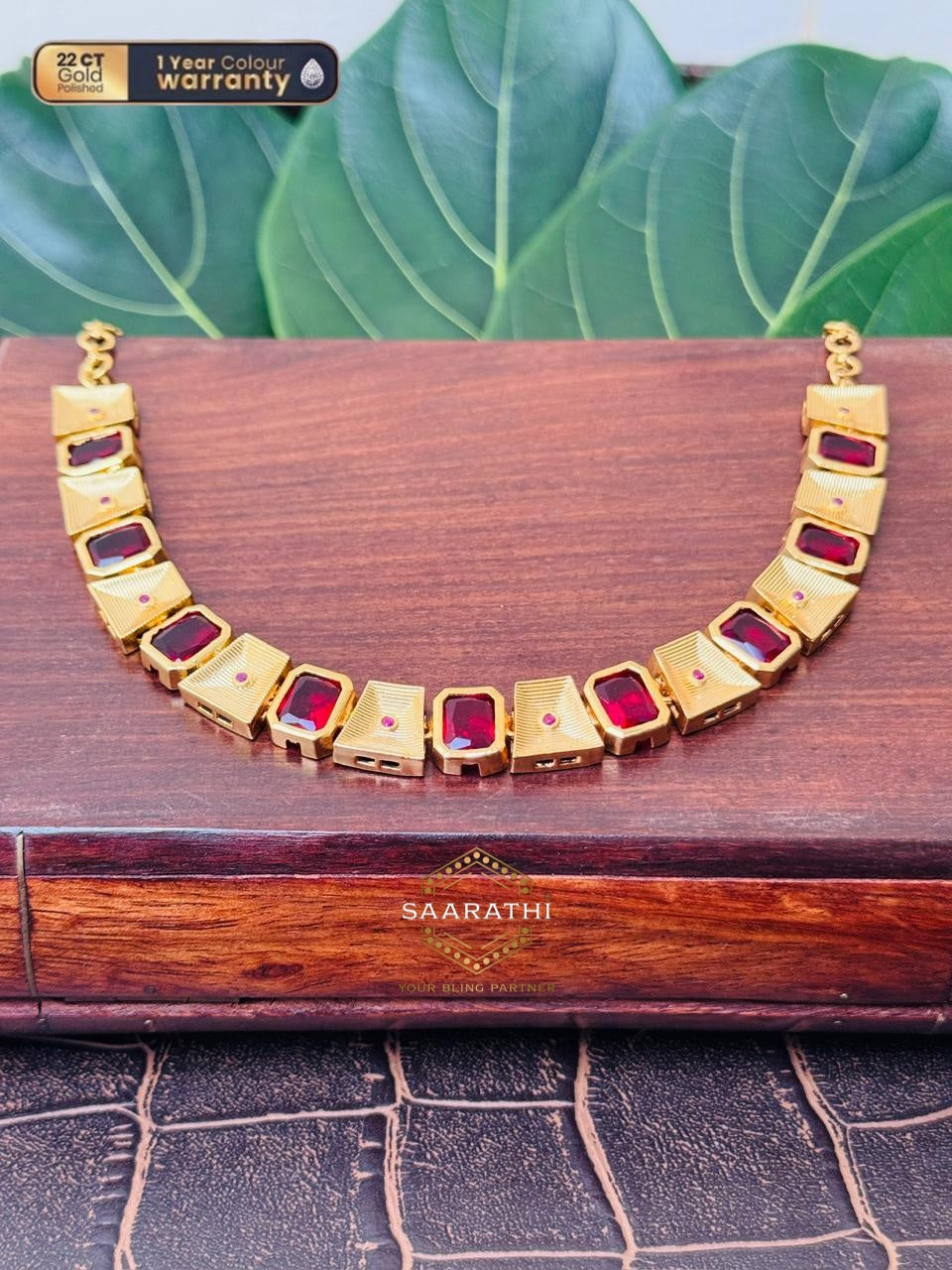 The 'Walk like an Egyptian' 22CT Gold-Polished Necklace with Ruby Red Stone Detailing